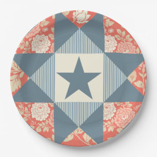 Plato De Papel Bloque de colcha floral de estrella azul roja desv