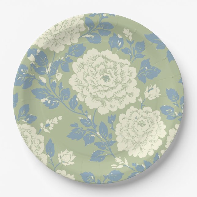Plato De Papel Bloque floral de impresión azul verde (Anverso)