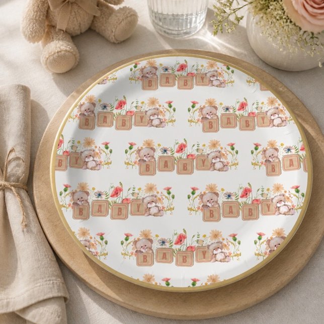Plato De Papel Bloques de Bebé, Osos y Flores Silvestres (Subido por el creador)