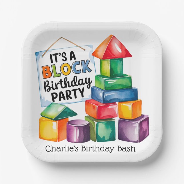 Plato De Papel Bloques de construcción en el Bash de Cumpleaños (Anverso)