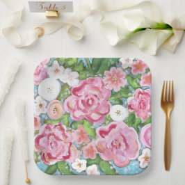 Plato De Papel Bloques de primavera floral rosa
