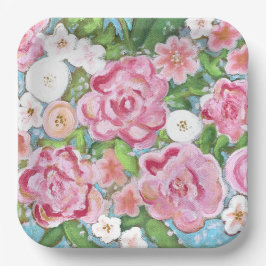 Plato De Papel Bloques de primavera floral rosa