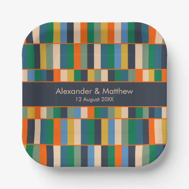 Plato De Papel Bloques largos retro moderno verificados y persona (Anverso)