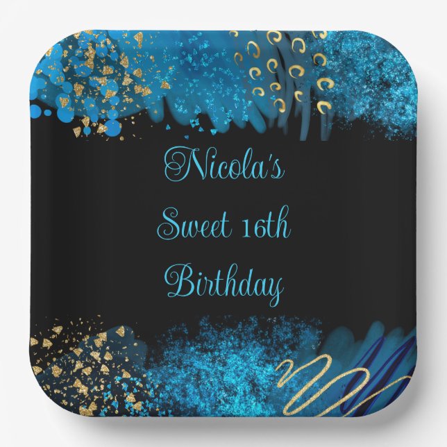 Plato De Papel Blue Alcohol Ink Sweet 16 Cumpleaños Party (Anverso)