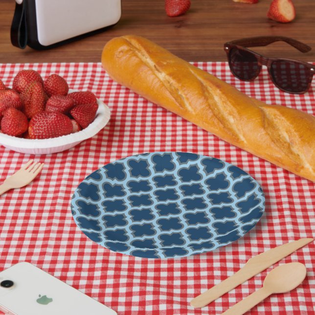 Plato De Papel Blue and Baby Blue Trellis, Lattice, Quatrefoil (Picnic)