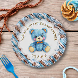 Plato De Papel Blue and Brown Crocheted Teddy Bear It's a Boy