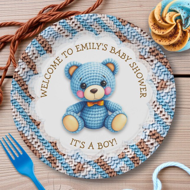 Plato De Papel Blue and Brown Crocheted Teddy Bear It's a Boy (Subido por el creador)
