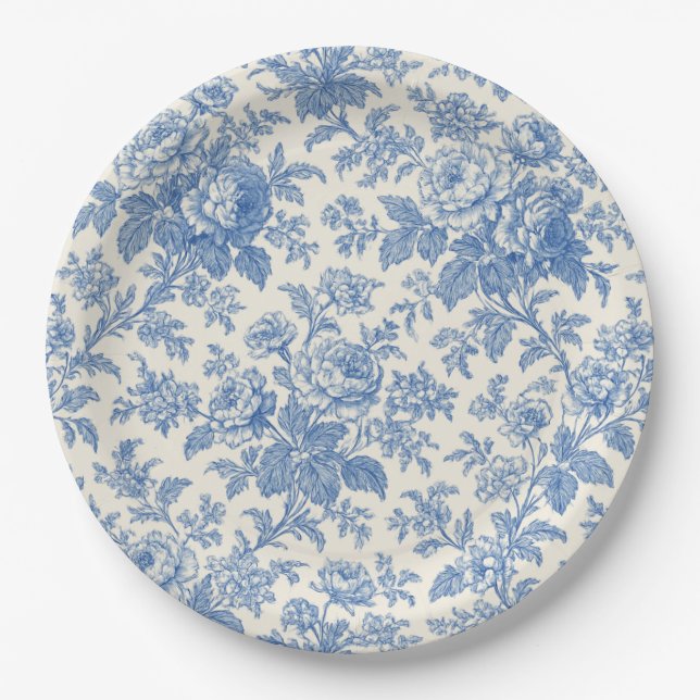 Plato De Papel Blue and Cream Floral Toile de Jouy (Anverso)
