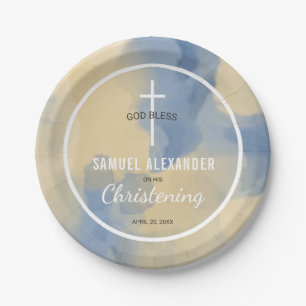 Plato De Papel Blue and Gold Watercolor Bebé Christening