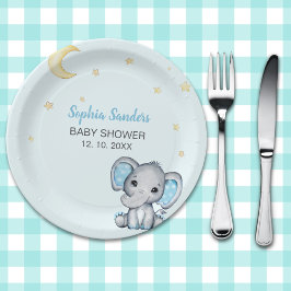 Plato De Papel Blue and Gray Elephant Baby Shower boy