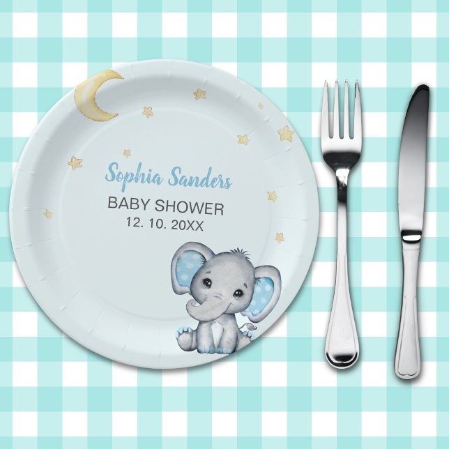 Plato De Papel Blue and Gray Elephant Baby Shower boy (Subido por el creador)