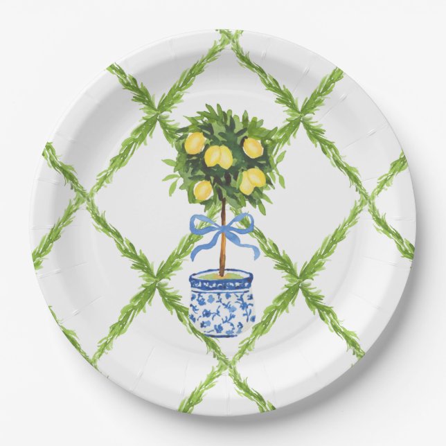 Plato De Papel Blue and Green Chinoiserie Topiary Lemon Plates (Anverso)