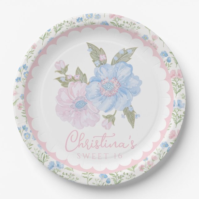 Plato De Papel Blue and Pink Grandmillennial Floral Sweet 16 (Anverso)