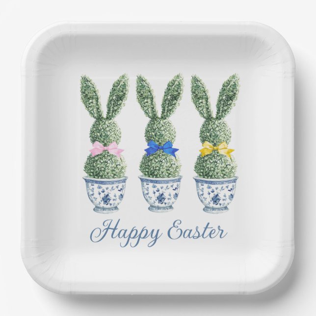 Plato De Papel Blue and White Chinoiserie With Rabbit Topiaries (Anverso)