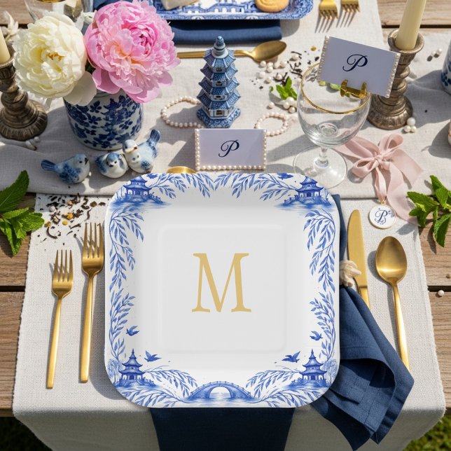 Plato De Papel Blue and White Floral Willow Tile Monogram (Blue and White Floral Willow Tile Monogram Paper Plates)