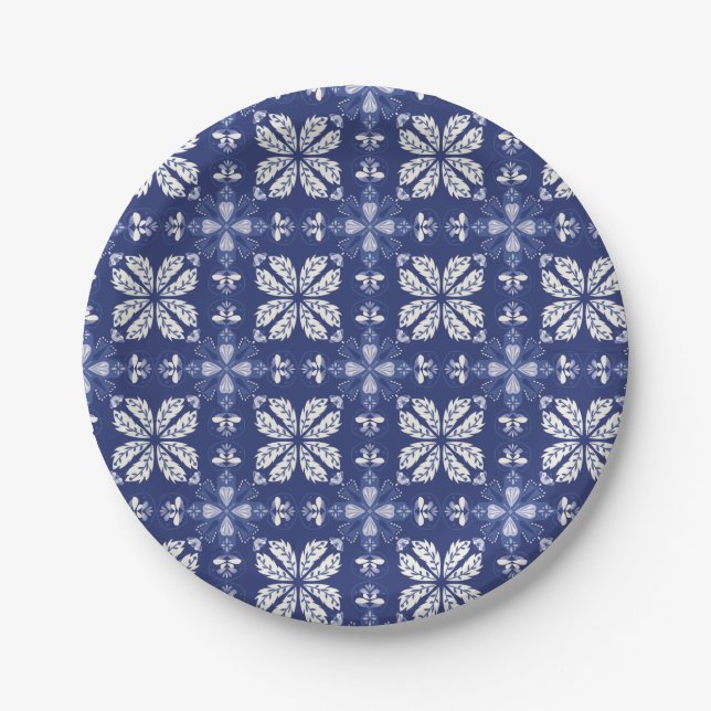 Plato De Papel Blue and white paper plate with intricate floral (Anverso)