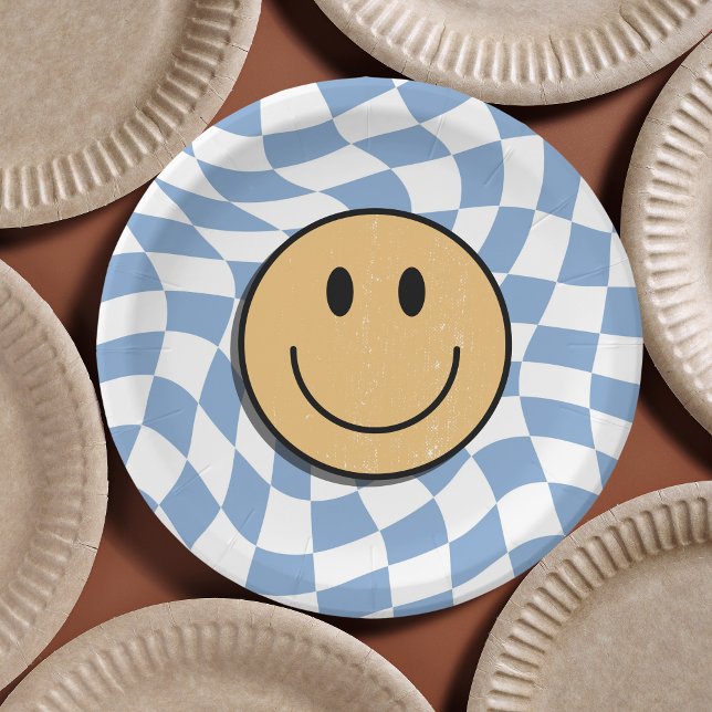 Plato De Papel Blue and White Retro revisado para el niño de cump (Retro Birthday Paper Plates)