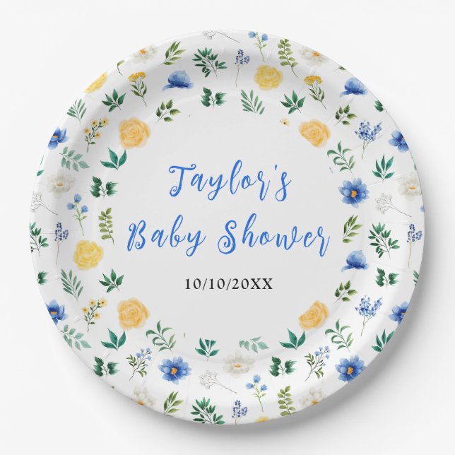 Plato De Papel Blue and Yellow Floral Baby Shower (Anverso)
