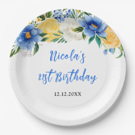 Plato De Papel Blue and Yellow Floral Birthday