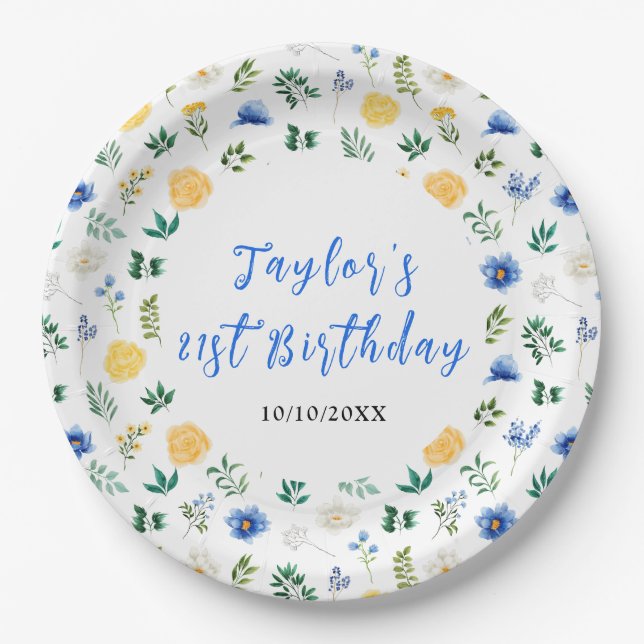 Plato De Papel Blue and Yellow Floral Birthday (Anverso)