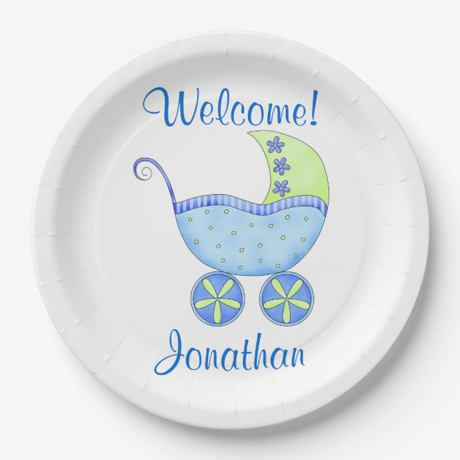 Plato De Papel Blue Baby Boy Buggy Welcome Name Personalizado (Anverso)