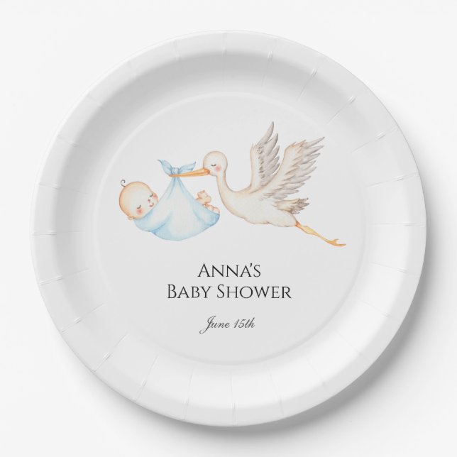 Plato De Papel Blue Baby Boy Stork Baby Shower (Anverso)