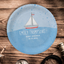 Plato De Papel Blue Baby Boy Watercolor Sailboat Shower Personali