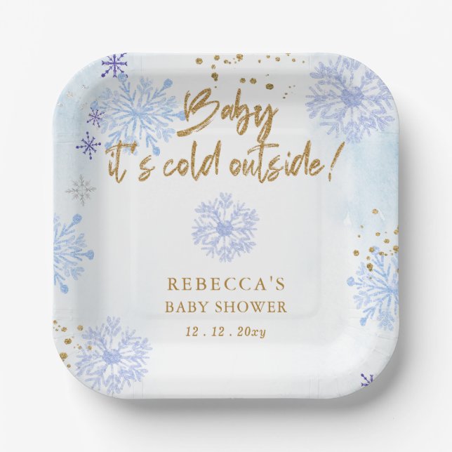 Plato De Papel Blue Baby it Cold Outside Winter Baby Shower (Anverso)