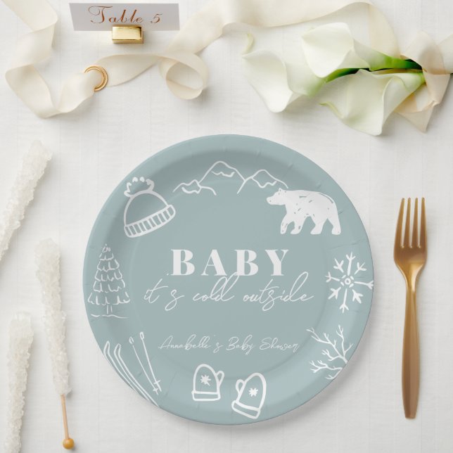 Plato De Papel Blue Baby It's Cold Outside Hand-drawn Baby Shower (Boda)