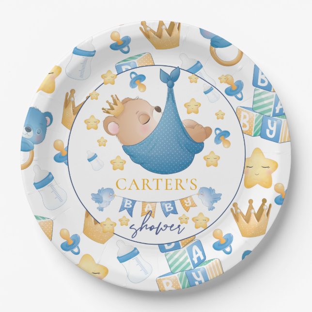 Plato De Papel Blue Baby Shower Baby Boy Bear (Anverso)