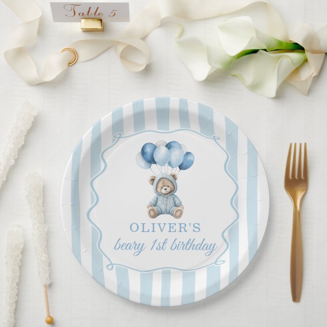 Plato De Papel Blue Balloons Teddy Bear Birthday Paper Plate (Boda)