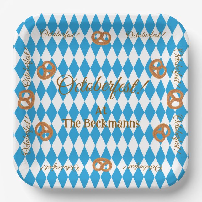 Plato De Papel Blue Bavarian Octoberfest Pretzels Personaliza (Anverso)