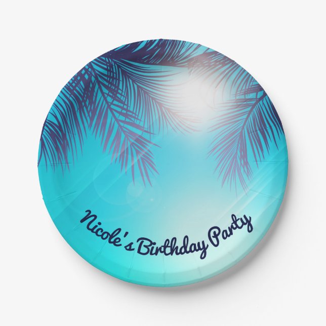 Plato De Papel Blue BEACH FIESTA Sunny Palm Trees Cumpleaños de v (Anverso)