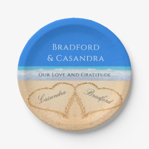 Plato De Papel Blue Beach Wedding 2 corazones en la arena