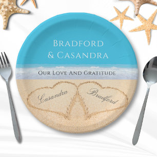 Plato De Papel Blue Beach Wedding 2 corazones en papel de arena P