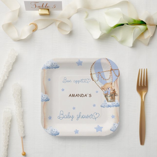 Plato De Papel Blue Bear Hot Air Balloons Baby Shower Rustic (Boda)
