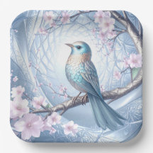 Blue Bird Floral Paper Plate