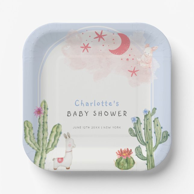 Plato De Papel Blue Boho Arch Cactus Toys Boy Baby Shower (Anverso)