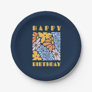 Plato De Papel Blue Boho Floral Happy Birday
