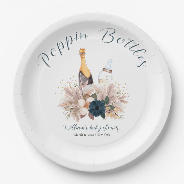 Plato De Papel Blue Boho Poppin Champagne Botellas Baby Shower (Anverso)