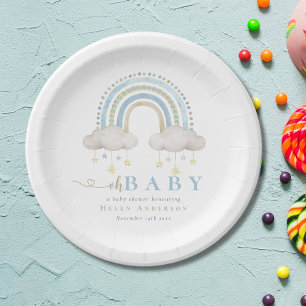 Plato De Papel Blue Boho Watercolor Rainbow Boy Baby Shower