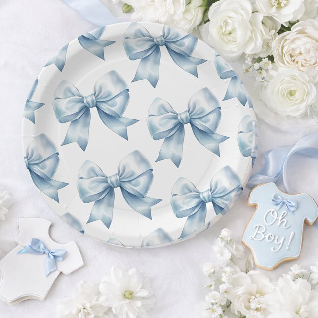 Plato De Papel Blue Bow Baby Boy Elegant Baby Shower (Blue Bow Baby Boy Elegant Baby Shower Paper Plates)