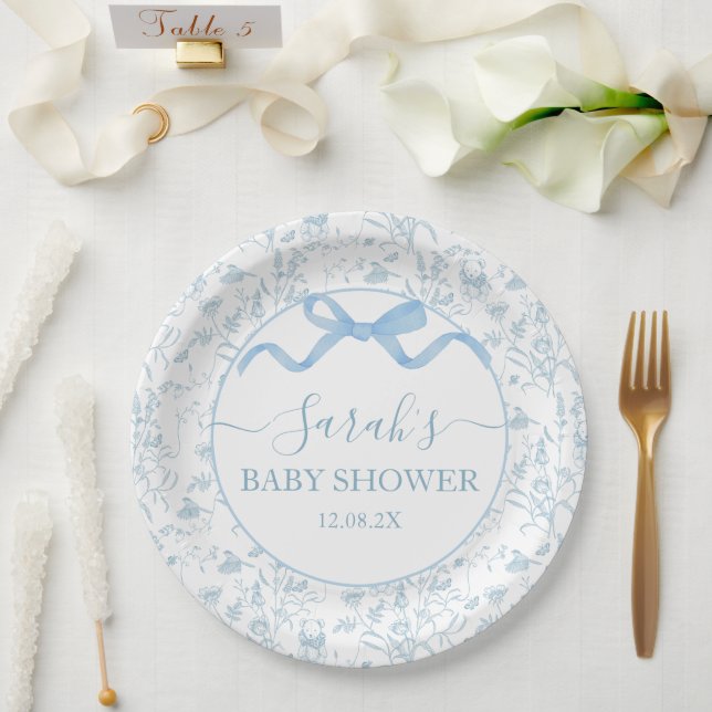 Plato De Papel Blue Bow Baby Shower Boy (Boda)