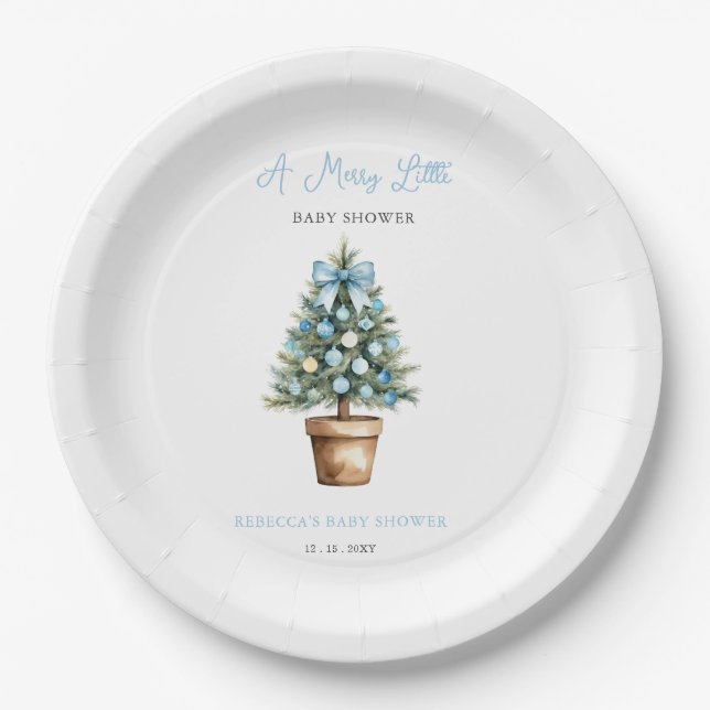 Plato De Papel Blue Bow Christmas Tree Merry Little Baby Shower (Anverso)
