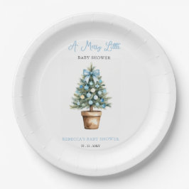 Plato De Papel Blue Bow Christmas Tree Merry Little Baby Shower