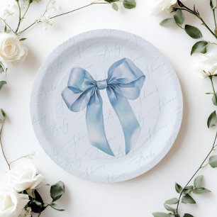 Plato De Papel Blue Bow Elegant calligraphy Boy Baby Shower
