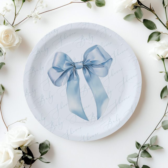 Plato De Papel Blue Bow Elegant calligraphy Boy Baby Shower (Subido por el creador)