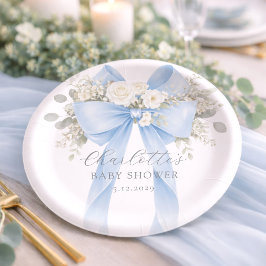 Plato De Papel Blue Bow Floral Baby Boy Shower