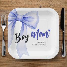 Plato De Papel Blue Bow Girl Boy Ribbon Cute Baby Shower