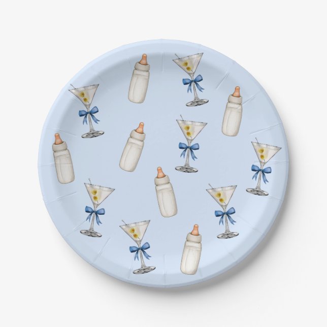 Plato De Papel Blue Bow Martinis Baby Bottles Baby Shower (Anverso)
